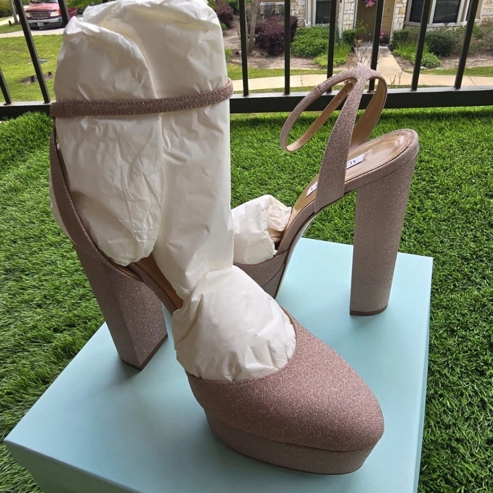 $950 Aquazzura Gold Pumps Sz 11 Women So High Plateau 140MM New Block Heel - Picture 4 of 9